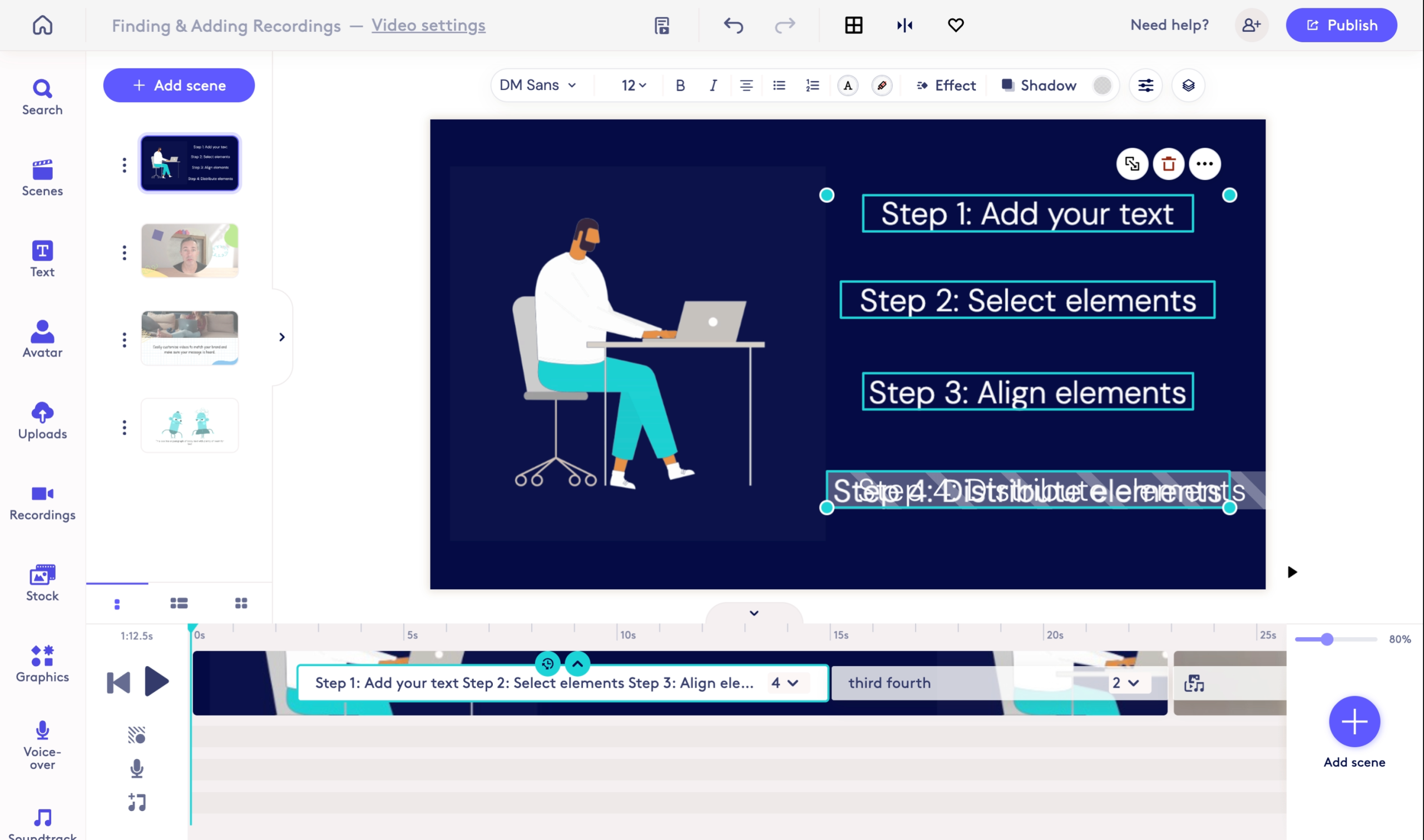 Таймлайн Biteable с выделенными текстовыми элементами