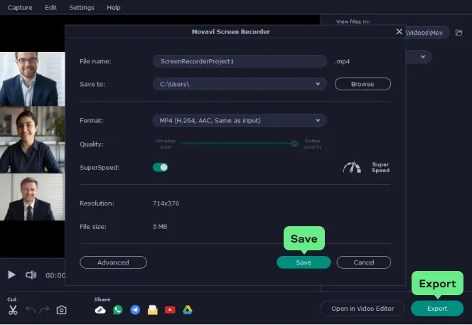 Окно экспорта Movavi Screen Recorder с именем файла, папкой, форматом, качеством и кнопкой Save