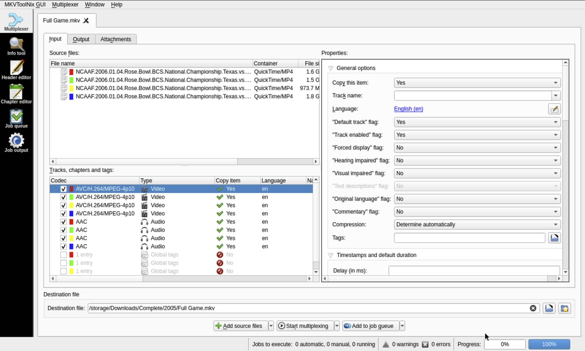 MKVToolNix GUI на Windows с исходными файлами, дорожками и кнопками запуска