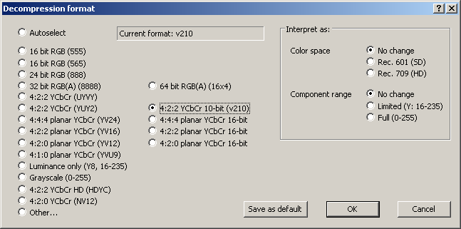 Диалог формата декодирования VirtualDub2 с RGB64, высокоразрядными YCbCr, выбором Rec. 601, Rec. 709 и диапазона компонентов