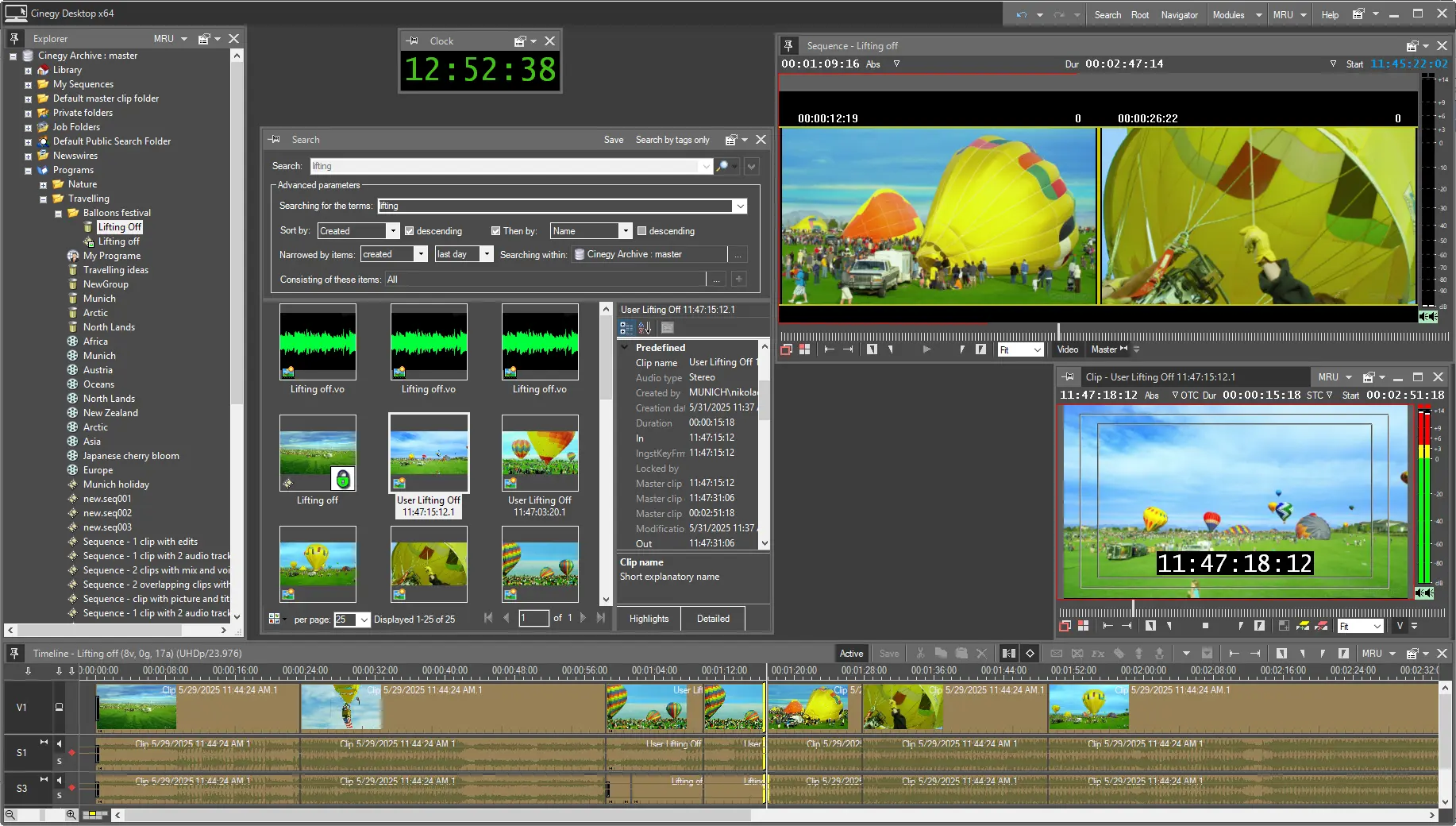Окно поиска Cinegy Desktop рядом с монтажной Timeline