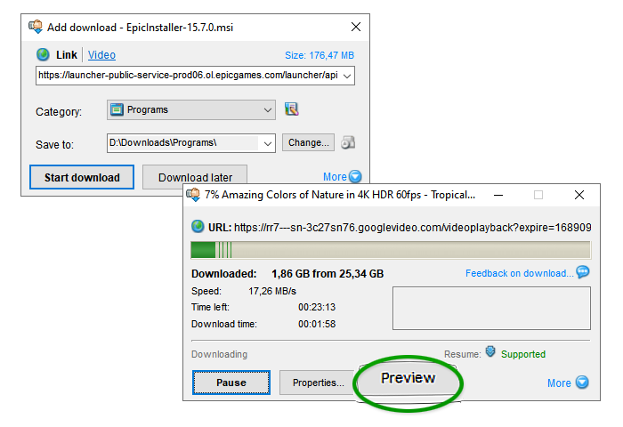 Окно добавления загрузки и окно прогресса Download Master