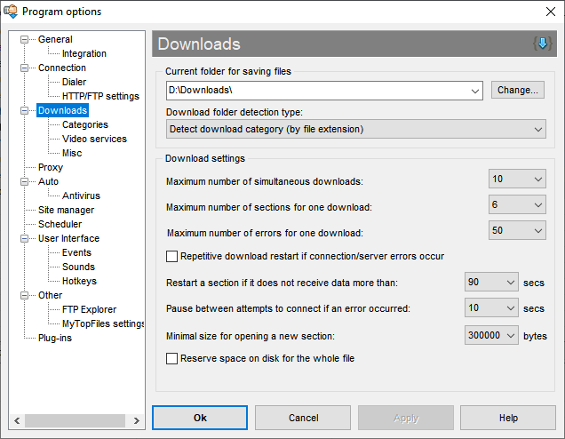 Окно настроек Download Master с разделом Downloads и параметрами папки, секций и одновременных загрузок