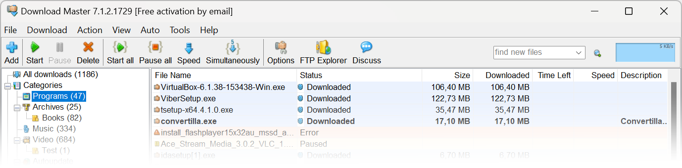 Главное окно Download Master ветки 7.x со списком загрузок, категориями и панелью команд