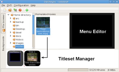 Интерфейс DVDStyler с файловым браузером, Menu Editor и Titleset Manager