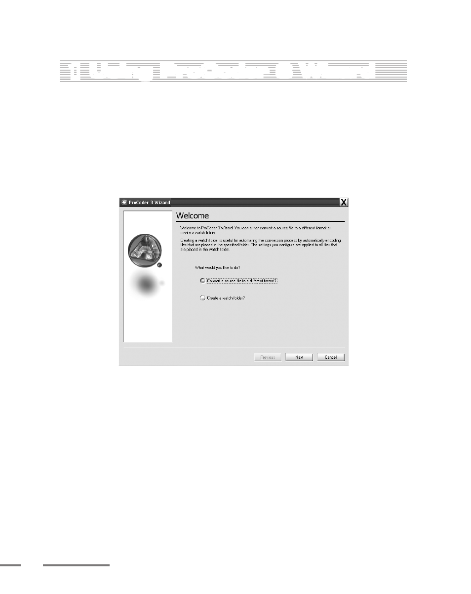 Стартовое окно ProCoder 3 Wizard с выбором конвертации файла или Watch Folder