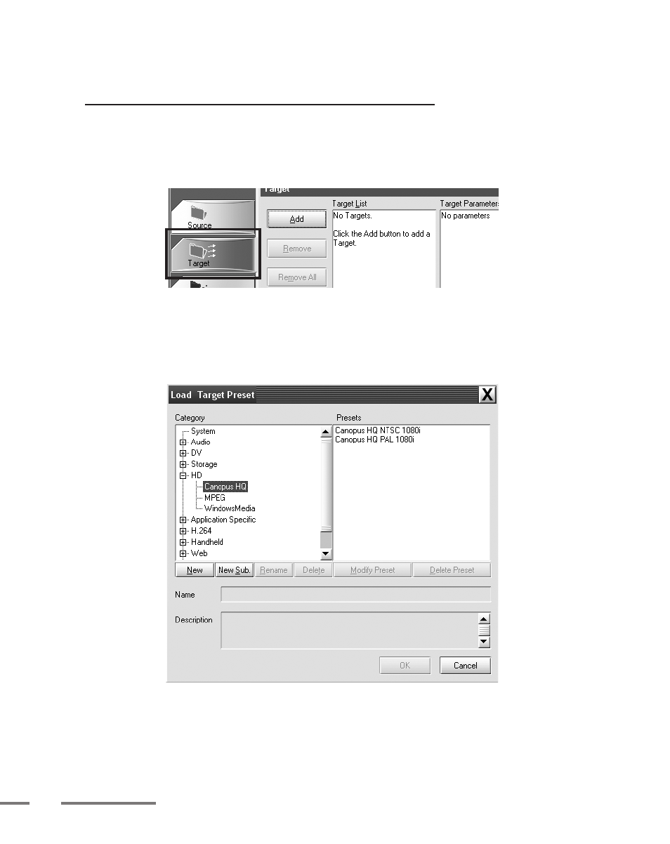 Вкладка Target и окно Load Target Preset в ProCoder 3