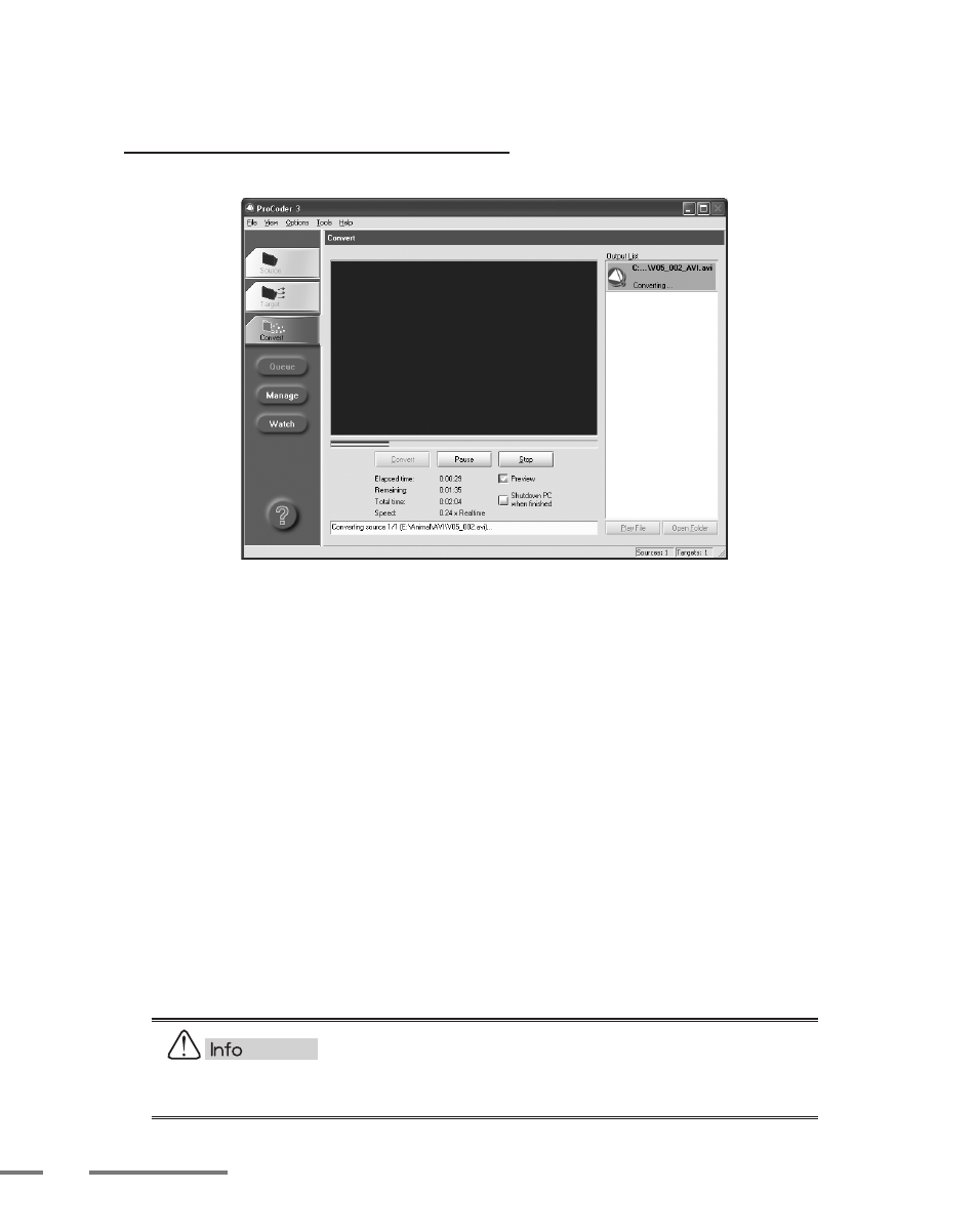 Вкладка Convert ProCoder 3 с Output List, прогрессом и кнопками Pause и Stop