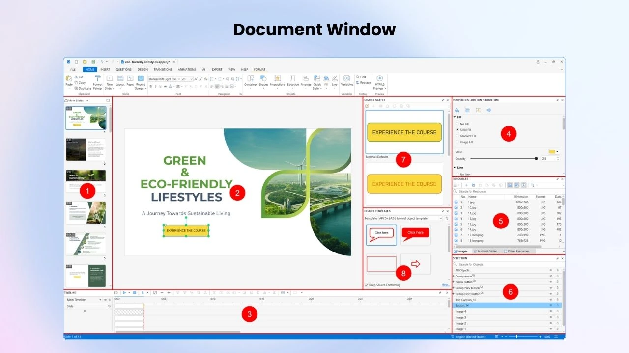 Рабочее окно ActivePresenter 10 со слайдами, холстом, таймлайном и панелями свойств