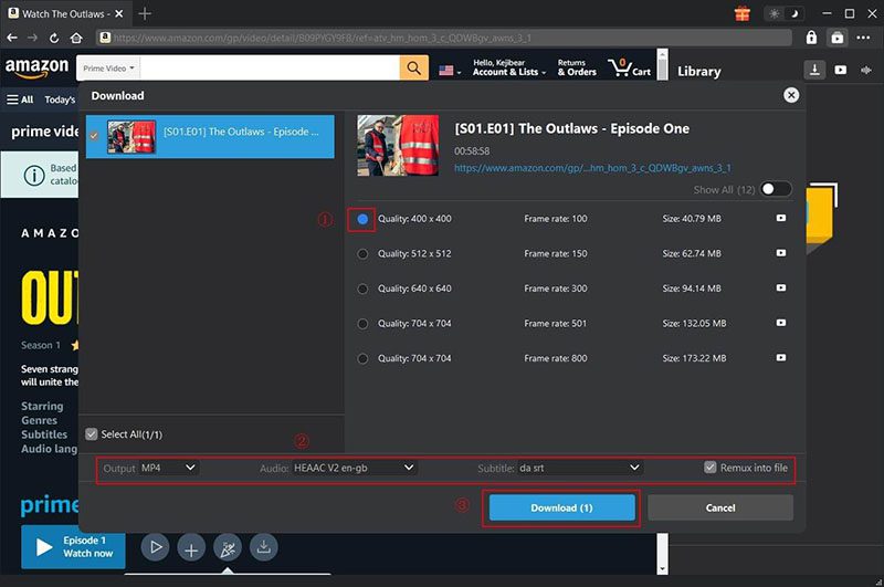 Диалог CleverGet Amazon Downloader с вариантами качества и дорожек