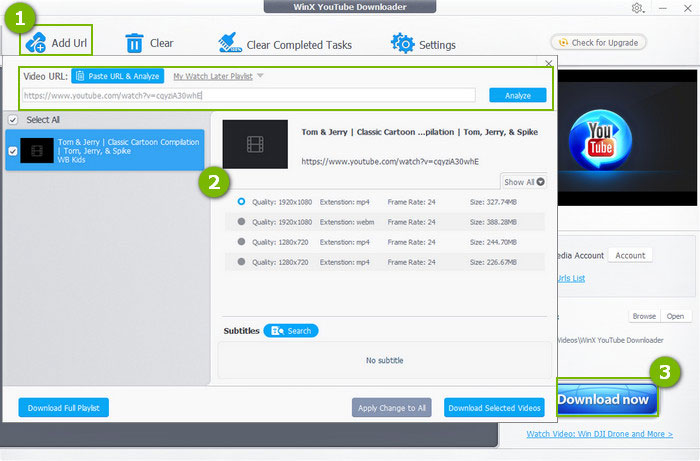 Интерфейс WinX YouTube Downloader с этапами Add Url, выбором качества и кнопкой Download now