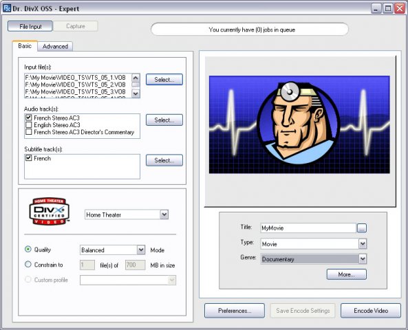 Интерфейс Dr. DivX 2.0 OSS в Windows XP с выбором исходных файлов, аудиодорожек, субтитров и профиля Home Theater