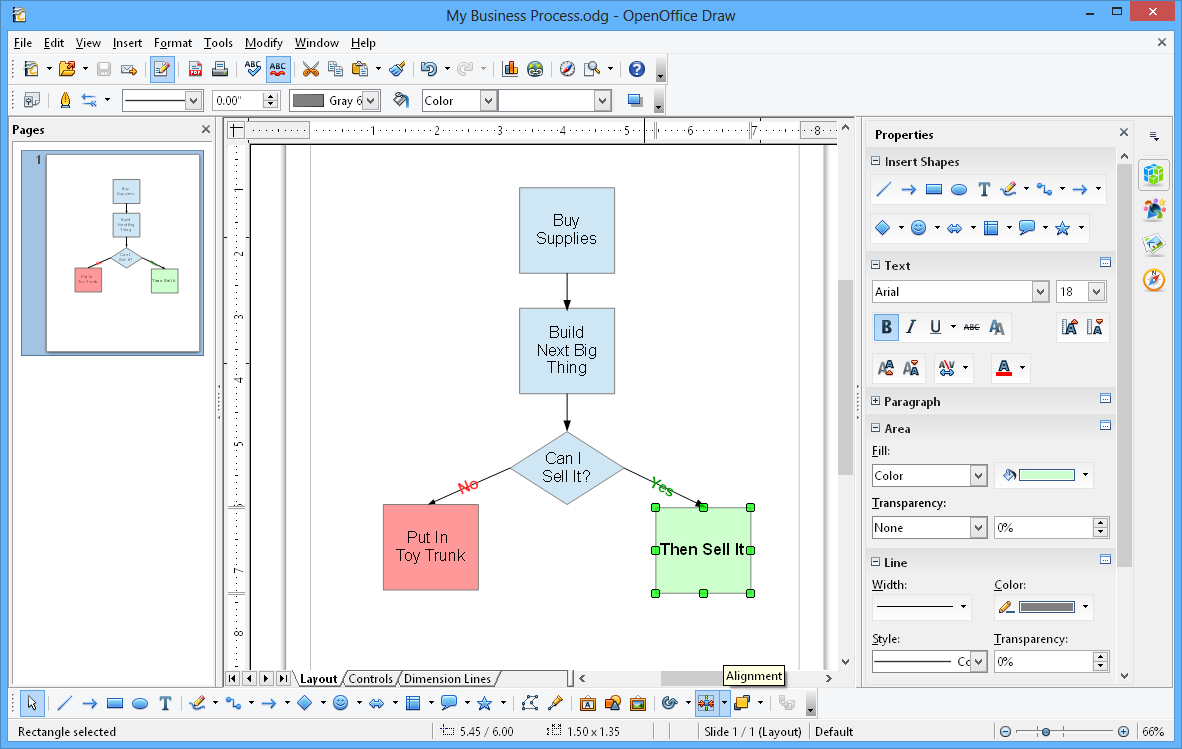 Интерфейс Apache OpenOffice Draw с блок-схемой и панелью свойств