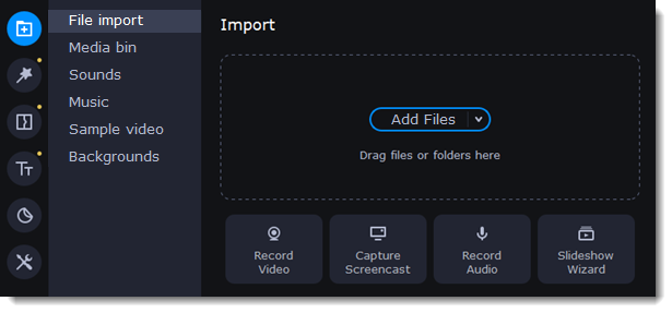 Панель импорта Movavi Video Editor в составе Video Suite 2026