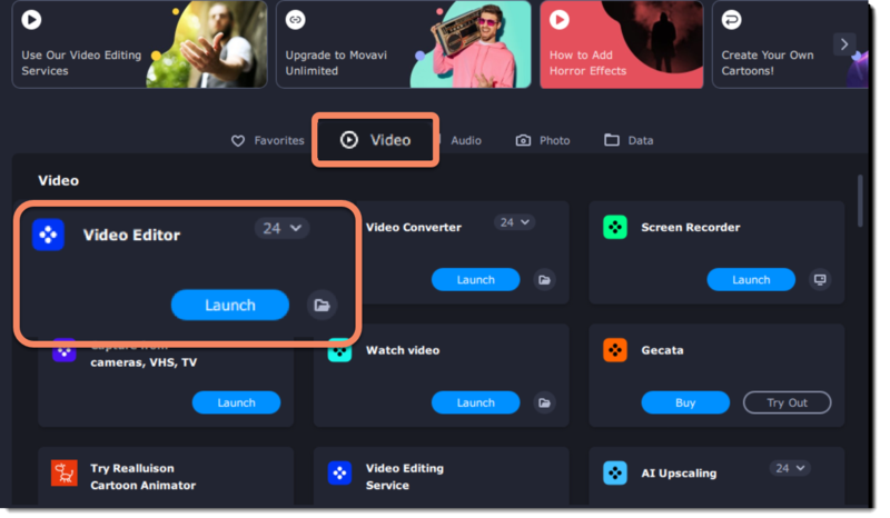 Стартовое окно Movavi Video Suite 2026 с карточками Video Editor, Video Converter и Screen Recorder