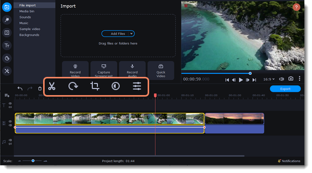 Таймлайн и окно предпросмотра Movavi Video Editor 2026