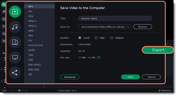 Окно Export Movavi Slideshow Maker с выбором MP4, качества, разрешения и папки