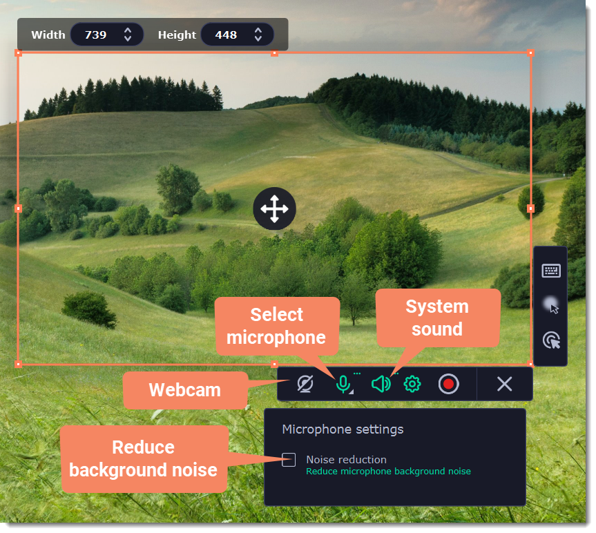 Область захвата Movavi Screen Recorder с веб-камерой, микрофоном и системным звуком