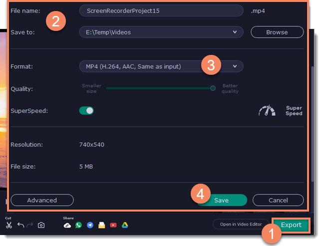 Окно экспорта Movavi Screen Recorder с выбором формата, качества и папки сохранения