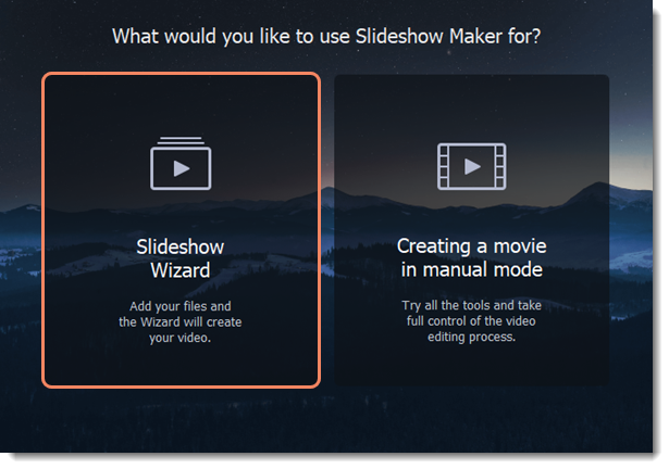 Стартовый экран Movavi Slideshow Maker 25 с выбором Slideshow Wizard и ручного режима