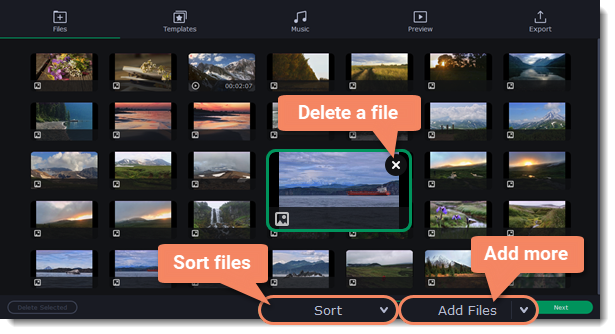 Вкладка Files в мастере Movavi Slideshow Maker с импортированными фотографиями и командами сортировки