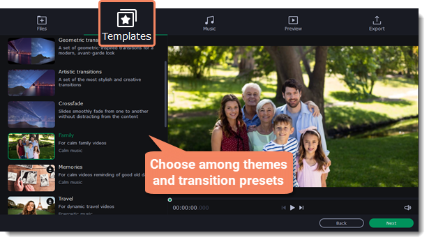 Вкладка Templates в Movavi Slideshow Maker с темами и пресетами переходов