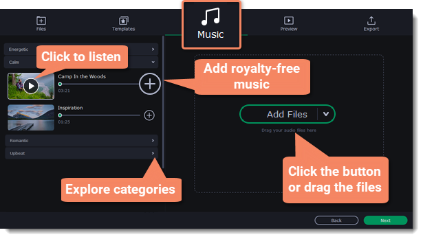 Вкладка Music в мастере Movavi Slideshow Maker с библиотекой музыки и добавлением аудиофайлов