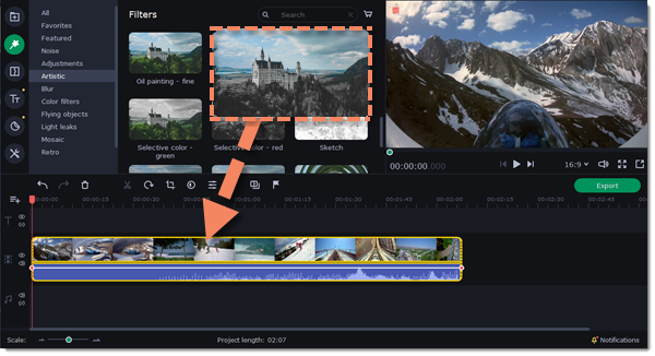 Ручной режим Movavi Slideshow Maker 25 с фильтрами, окном просмотра и Timeline