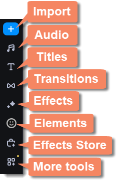 Левая панель Movavi Video Editor с разделами Import, Audio, Titles, Transitions, Effects и More tools