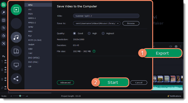 Окно экспорта Movavi Slideshow Maker 25 с выбором формата, качества и папки