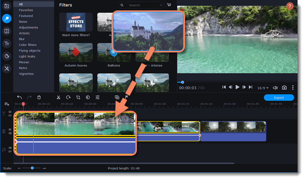 Выбор фильтра в Movavi Video Editor и применение эффекта к клипу на таймлайне