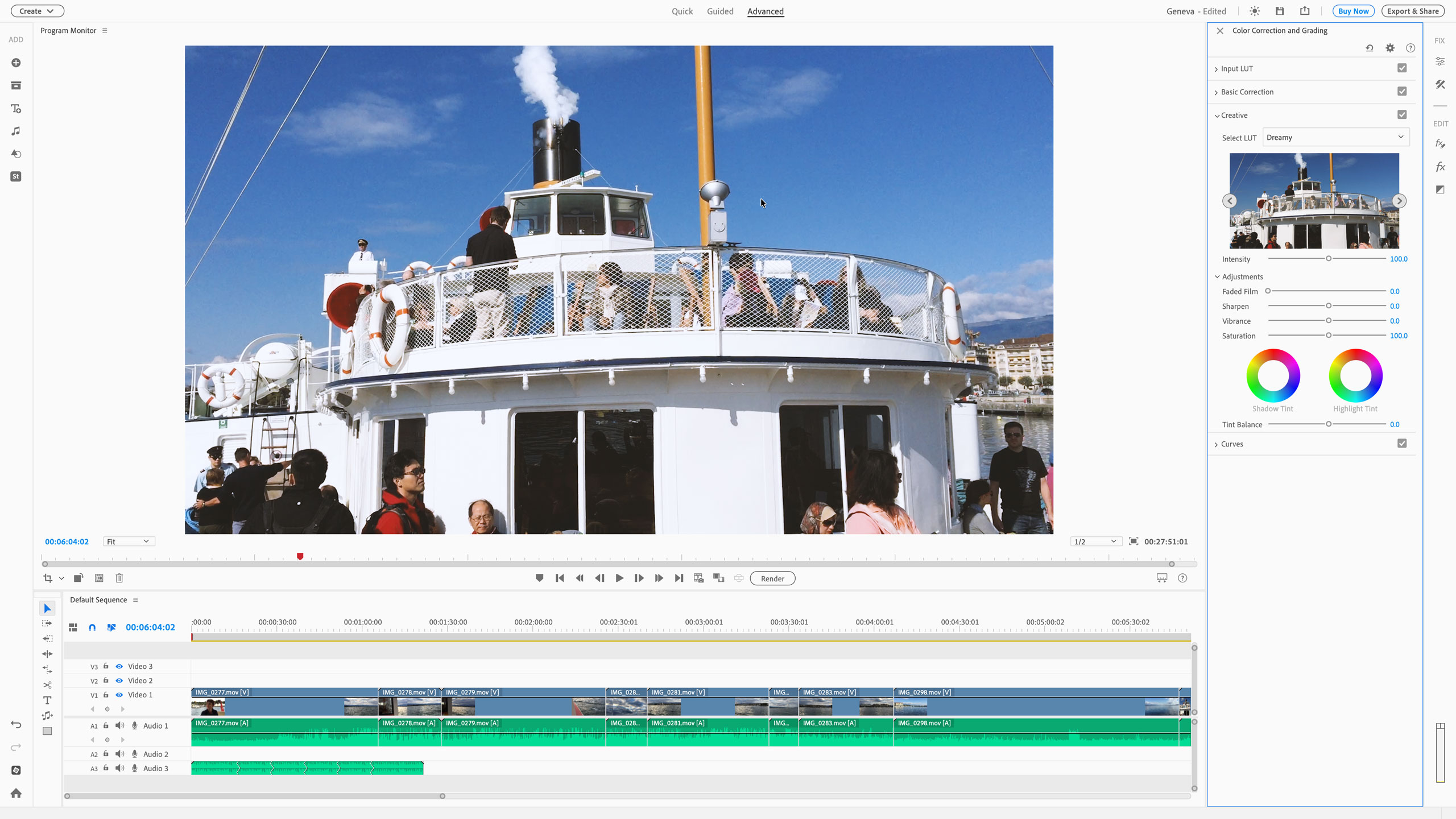 Панель Color Correction and Grading в Premiere Elements 2026 с настройками Creative, интенсивности и цветовых оттенков