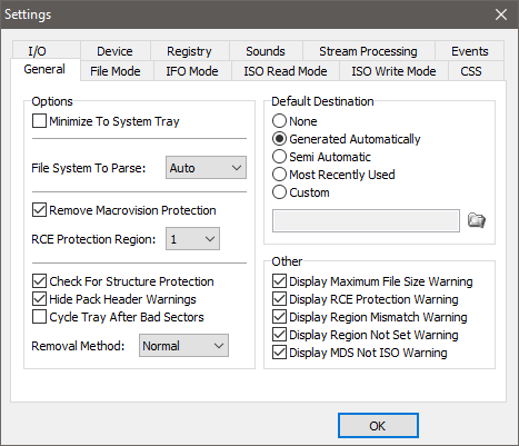 Окно Settings DVD Decrypter на вкладке General