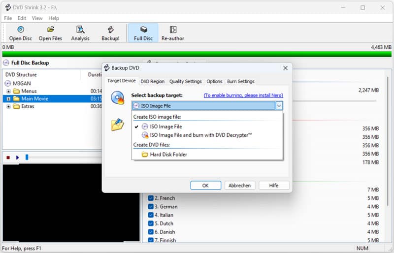 Окно Backup DVD в DVD Shrink с выбором ISO Image File и Hard Disk Folder