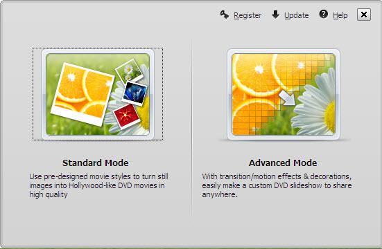 Окно выбора Standard Mode и Advanced Mode в Wondershare DVD Slideshow Builder Deluxe
