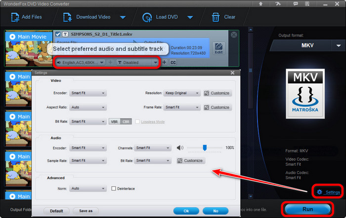 Загруженный DVD в WonderFox DVD Video Converter с дорожками и параметрами вывода