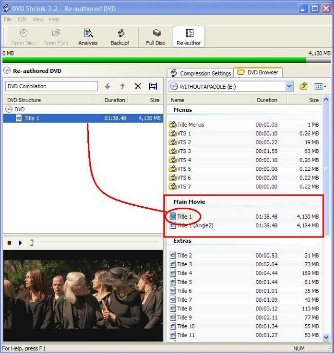 DVD Shrink 3.2 в режиме Re-author с DVD Browser и выбранным основным заголовком