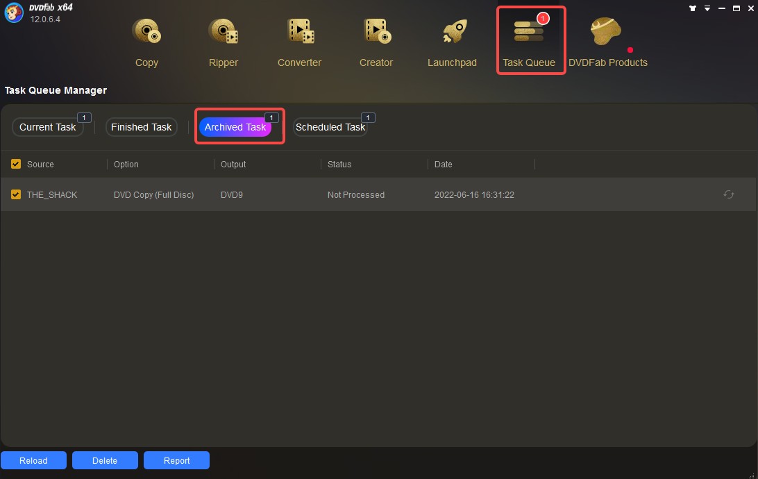 Task Queue в DVDFab 12 со списком и статусами заданий