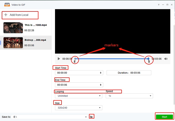 Окно Video to GIF в DVDFab Toolkit с временными маркерами, скоростью и размером GIF