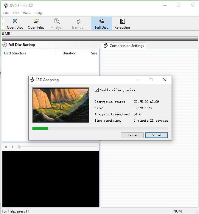 Окно анализа DVD Shrink 3.2 с индикатором прогресса и видеопредпросмотром