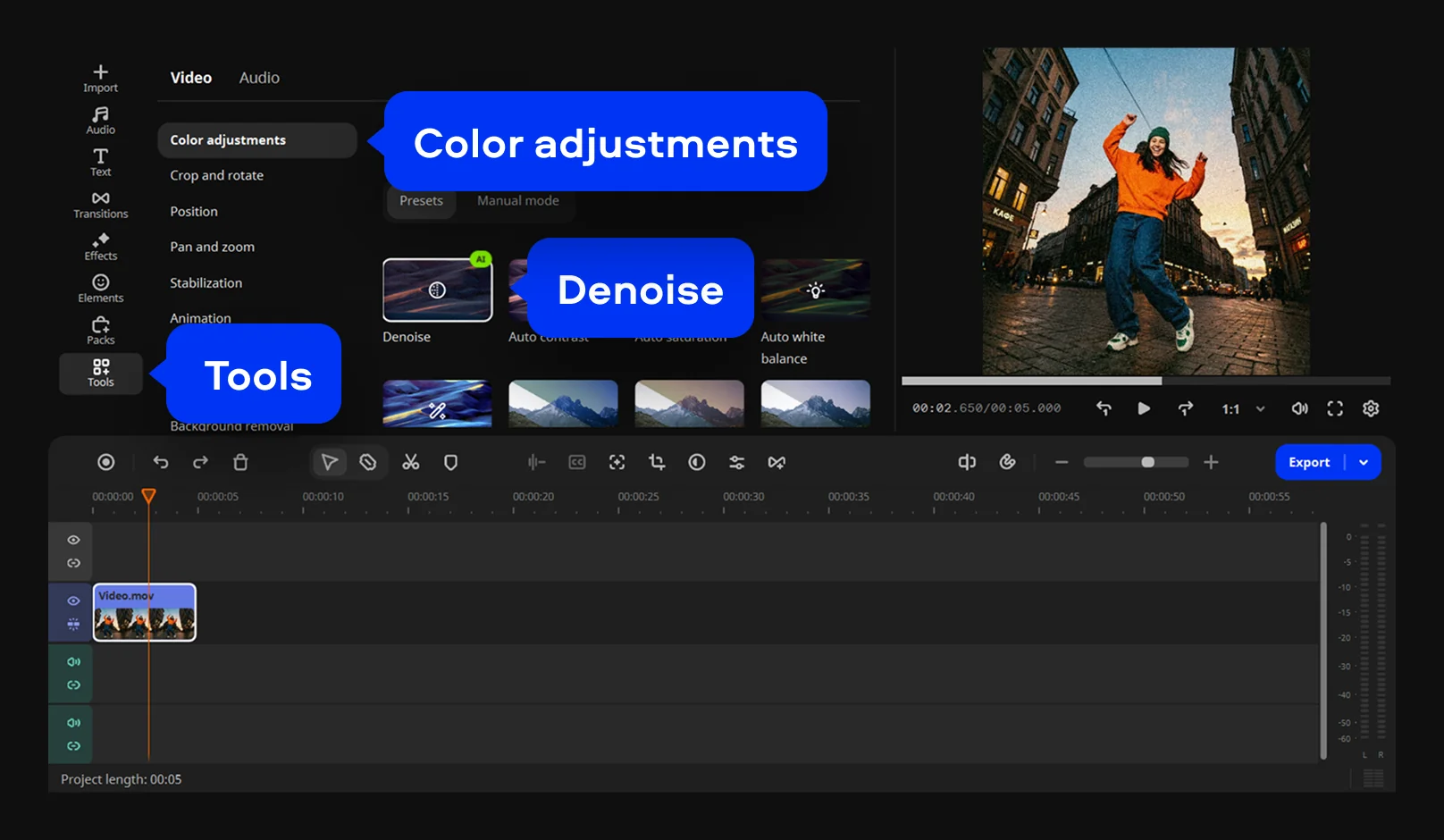 Denoise в разделе Color adjustments Movavi Video Editor