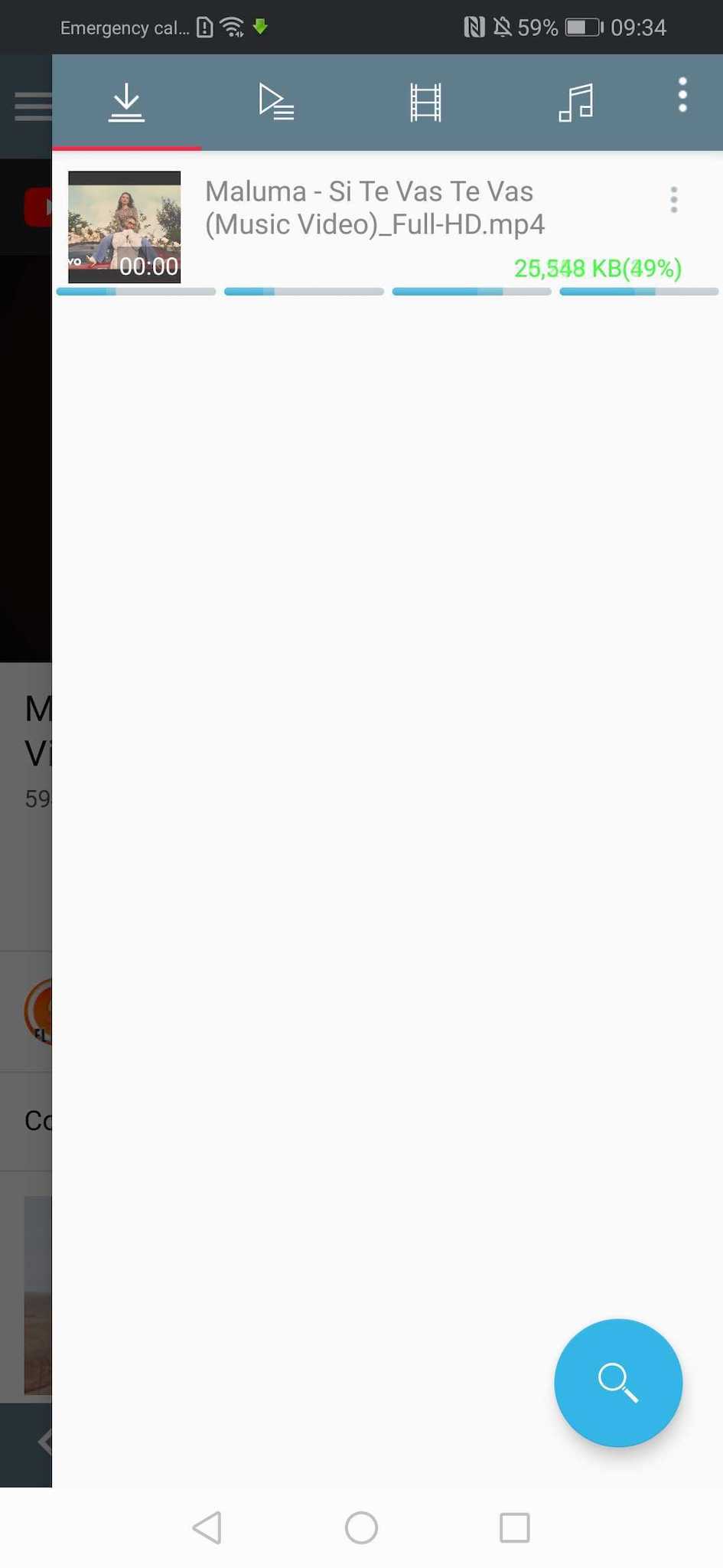 Менеджер загрузок TubeMate 3 с активным видео и индикатором прогресса