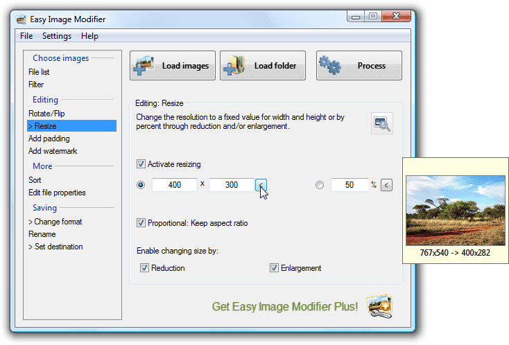 Окно Easy Image Modifier 4.8 с разделом Resize и предварительным просмотром изменения размера