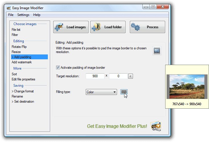 Раздел Add padding в Easy Image Modifier с настройкой целевого разрешения и типа заполнения