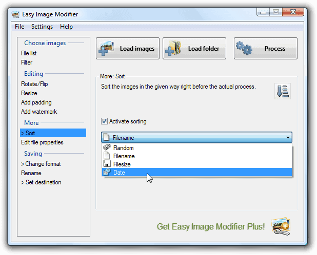 Раздел Sort в Easy Image Modifier с вариантами сортировки по имени, размеру файла и дате
