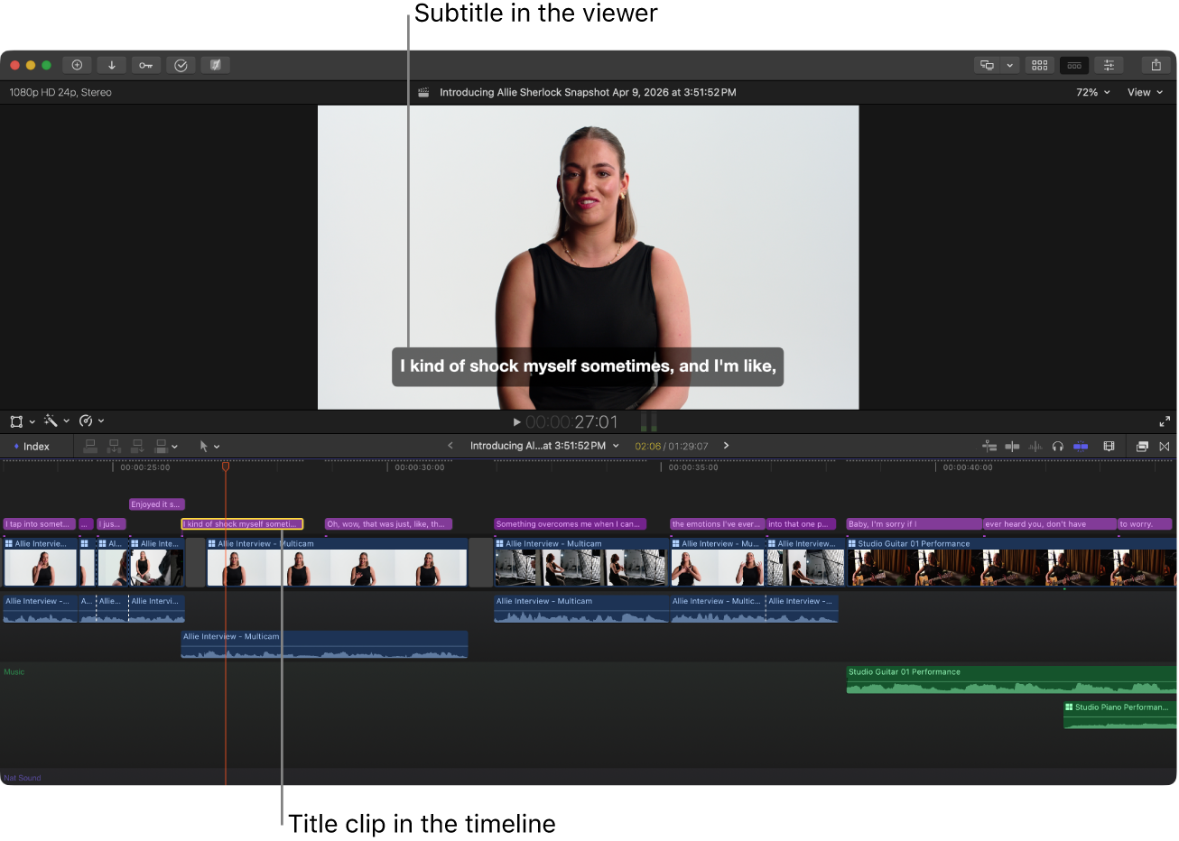 Субтитры в окне просмотра и связанные текстовые клипы на линии Final Cut Pro