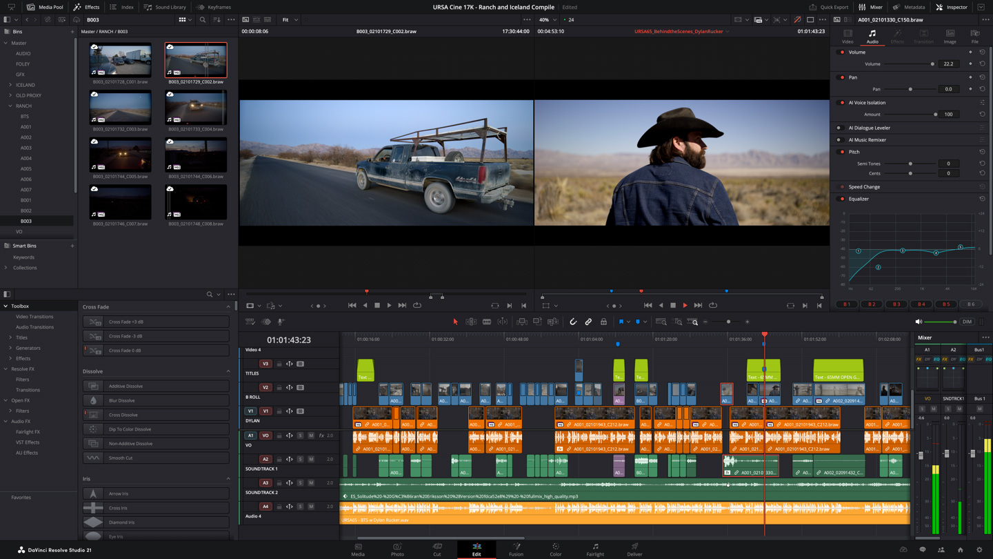 Интерфейс Edit page в DaVinci Resolve Studio 21 с медиапулом, двумя окнами просмотра, таймлайном и Inspector