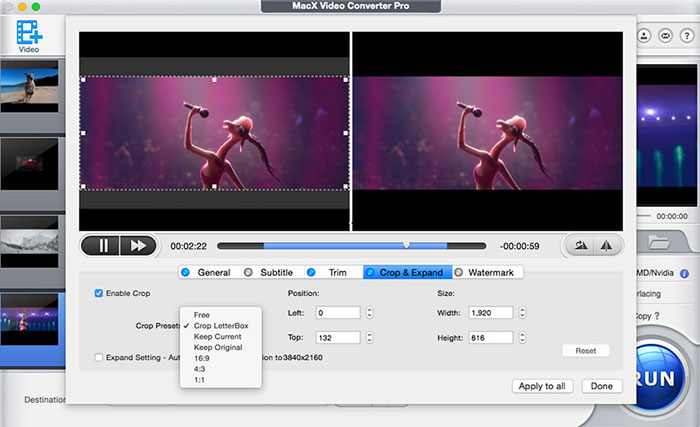 Кадрирование видео в MacX Video Converter Pro с предпросмотром результата