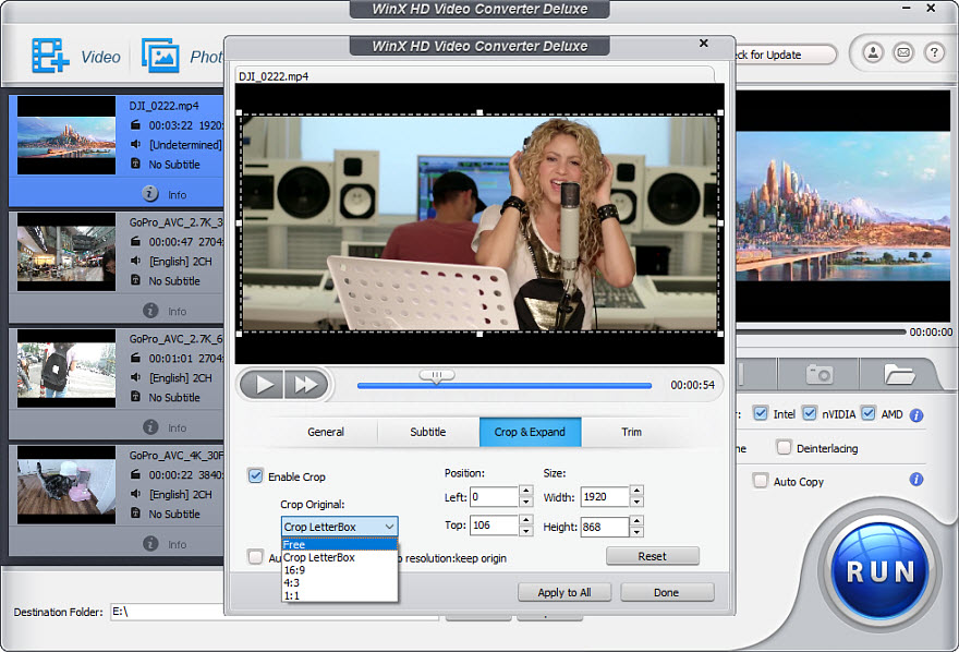 Окно Crop and Expand в WinX HD Video Converter Deluxe с рамкой кадрирования и выбором соотношения сторон