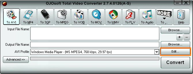 Выбор редактируемого профиля в OJOsoft Total Video Converter